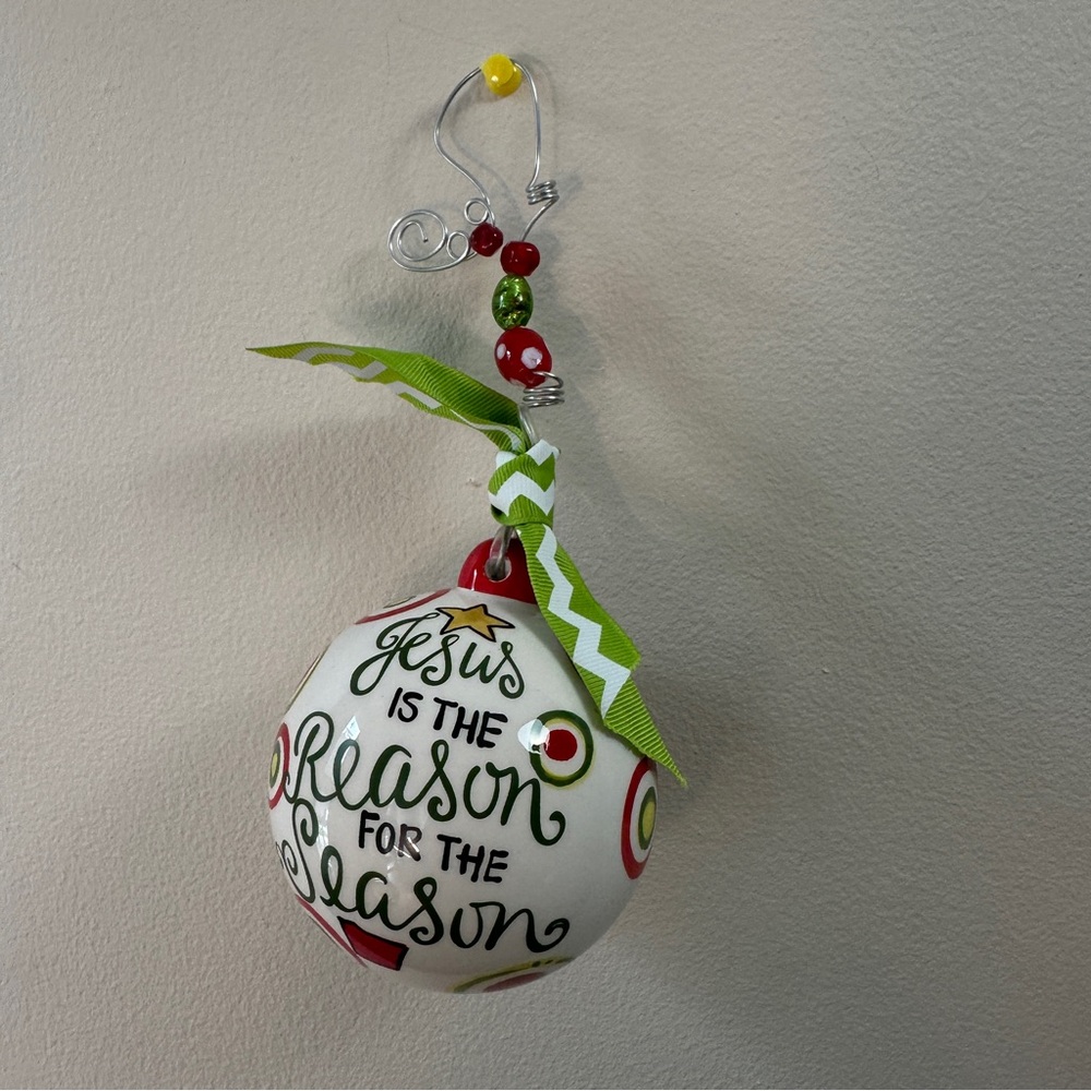 Glory Haus Jesus Is The Reason For The Season Ceramic Ornament Beaded Wire Bow